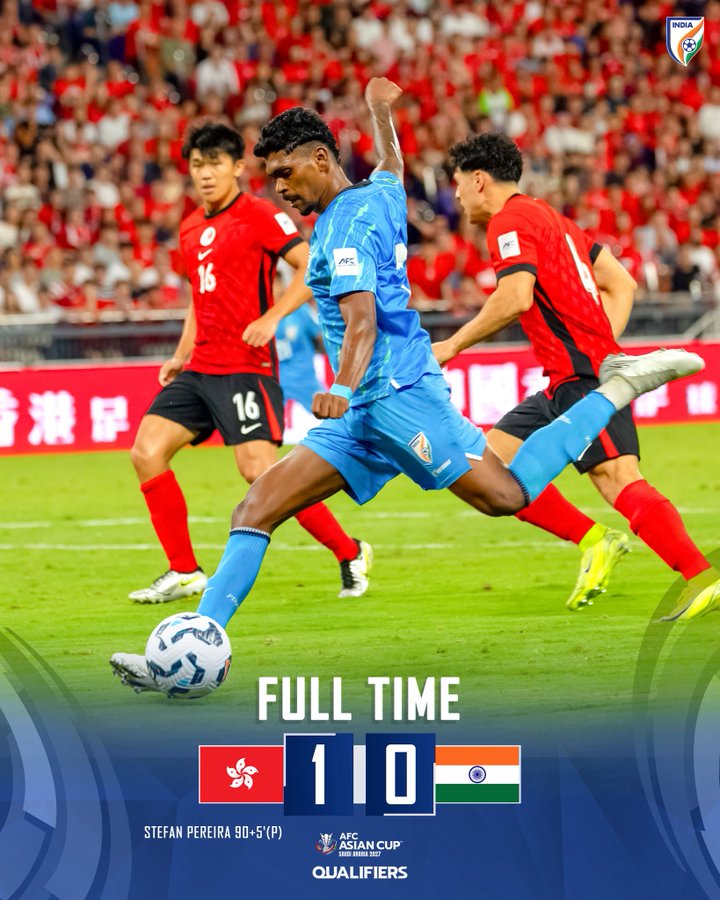 Indian footballer in action during AFC Asian Cup 2027 qualifier against Hong Kong