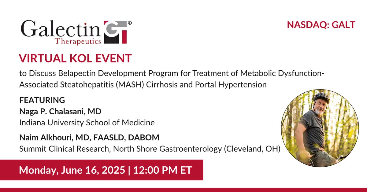 Join <a href="/GalectinGALT/">Galectin Thera: GALT</a> for a virtual KOL event on June 16 at 12pm ET with Dr. Chalasani and Dr. Alkhouri, who will join company management to discuss the unmet need and current treatment landscape for MASH cirrhosis and portal hypertension.

Register: bit.ly/3ZZulUb