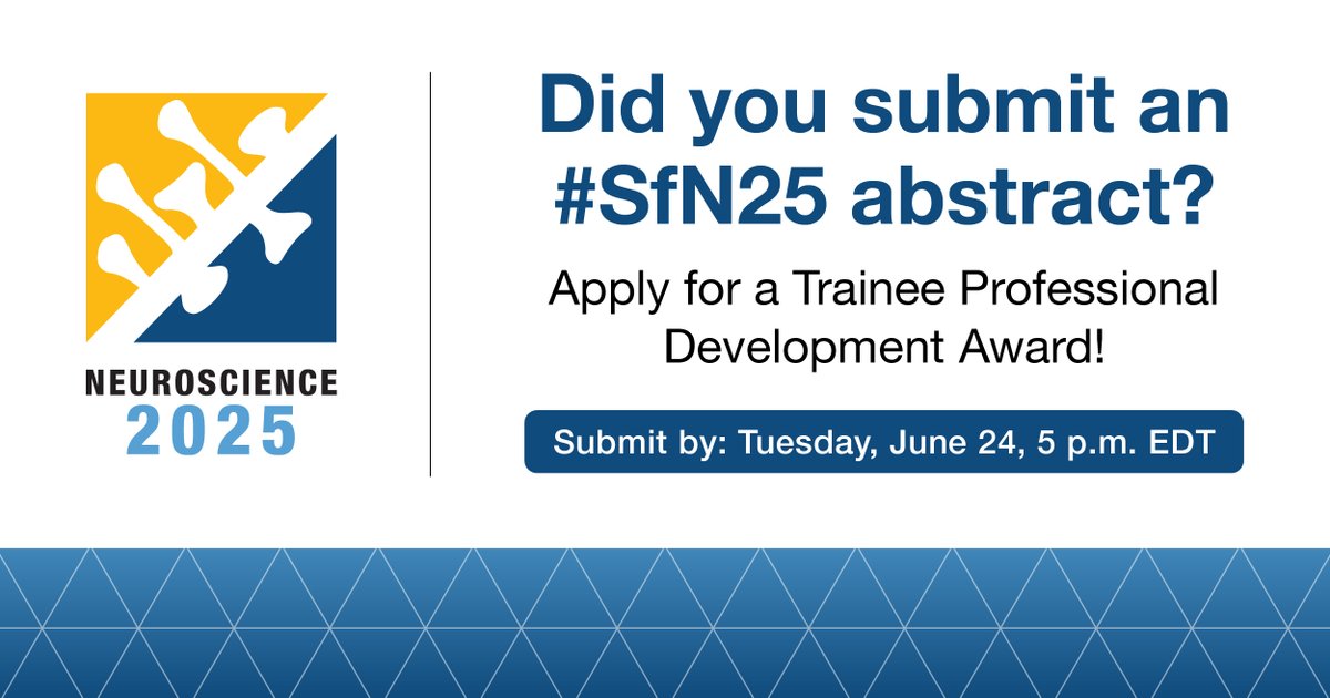 Applications for the Trainee Professional Development Award are now open!
 
If you have submitted an abstract for #SfN25, you may be eligible to receive complimentary registration and a travel stipend!

Submit your application by June 24, 5 p.m. EDT. 

🔗 bit.ly/4e6dSDx