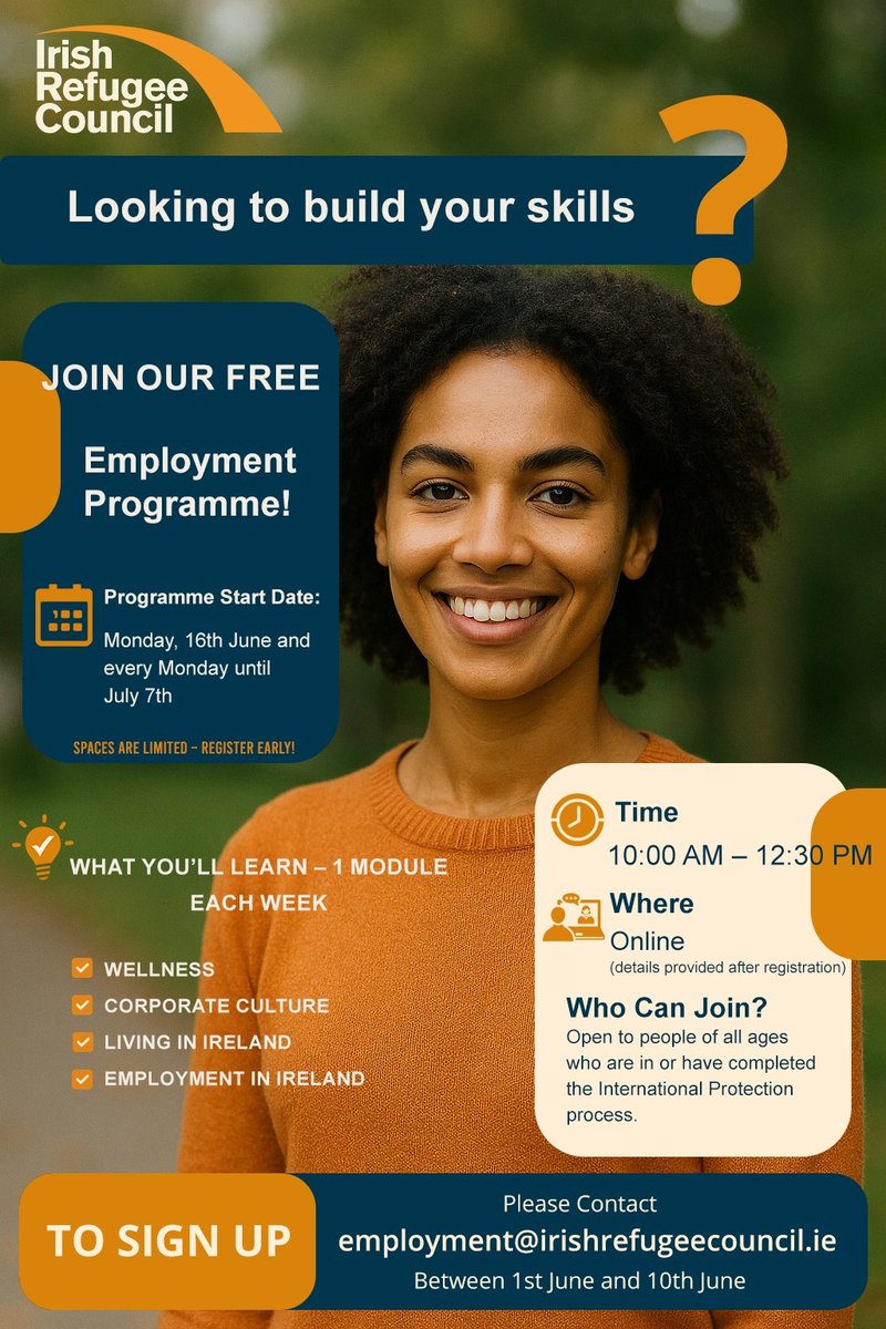 Irish Refugee Council (@irishrefugeeco) on Twitter photo 🆕 We’re launching a new employment programme.
It will run in 4-week cycles covering wellness, corporate culture, living in & employment in Ireland.
💻Join online on Mon, 16 Jun & every following Mon until July 7th⏰ 10 am-12:30pm.
📩 Register: employment@irishrefugeecouncil.ie 🆕 We’re launching a new employment programme.
It will run in 4-week cycles covering wellness, corporate culture, living in & employment in Ireland.
💻Join online on Mon, 16 Jun & every following Mon until July 7th⏰ 10 am-12:30pm.
📩 Register: employment@irishrefugeecouncil.ie