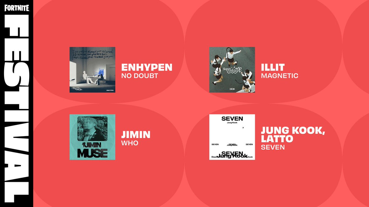 HYPEX's tweet photo. NEW FORTNITE K-POP JAM TRACKS

• ENHYPEN - No Doubt
• ILLIT - Magnetic
• Jimin - Who
• Jung Kook, Latto - Seven https://t.co/fi2RUZIMCJ