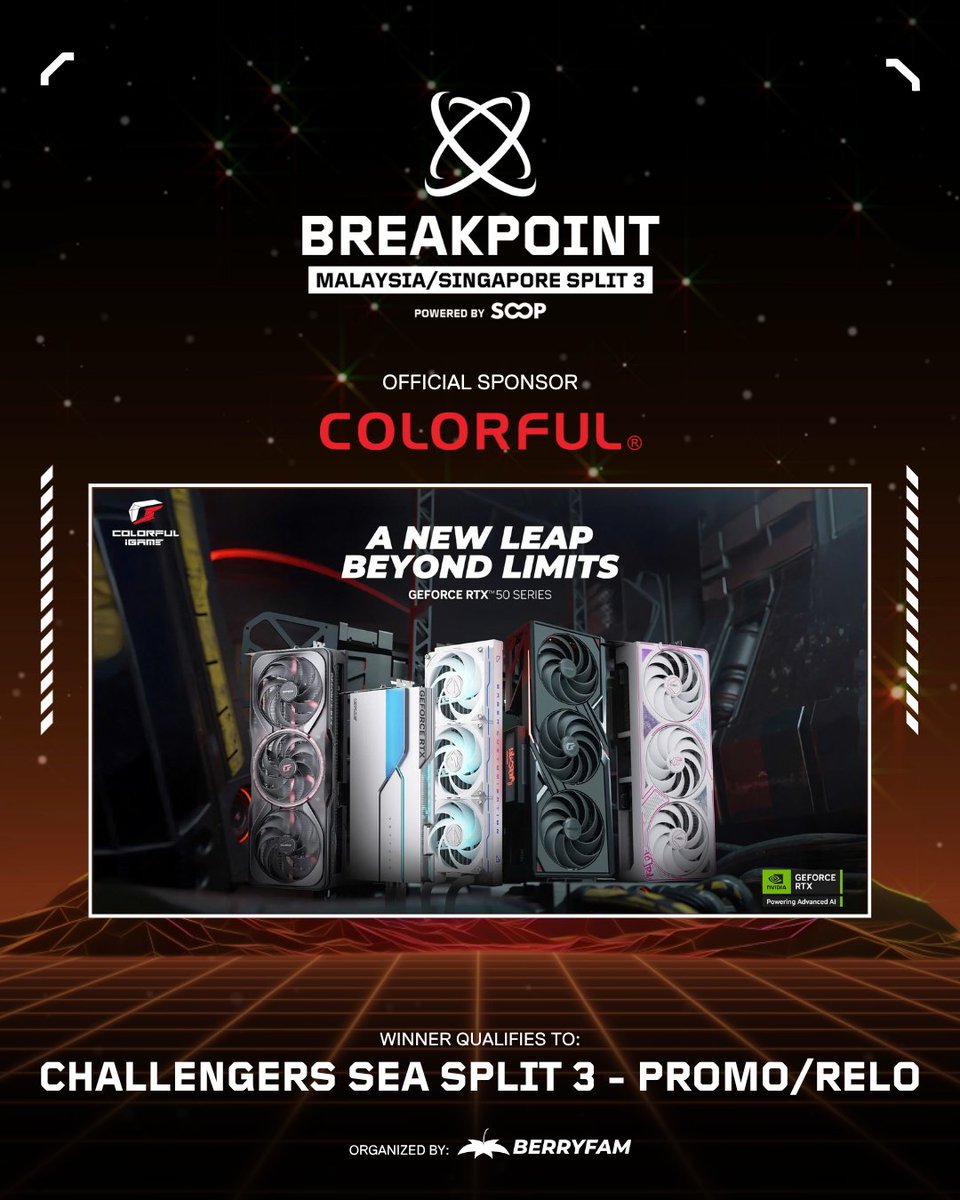 BREAKPOINT 2025 MYSG - Split 3 is leveling up with even more firepower!

We're excited to introduce the Colorful iGame RTX 50 Series, our official sponsor, bringing cutting-edge graphics, next-gen performance, and unmatched visuals to the Breakpoint esports battlefield.

With a
