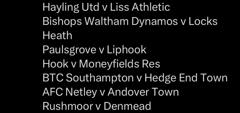 Hayling United FC (@hayling_fc) on Twitter photo So we have been drawn at home against <a href="/LissAthleticFC/">Liss Athletic FC</a> in the HPFL cup on the 6th September
<a href="/HantsCombLeague/">Hampshire Combination & Development League</a> <a href="/MidSolent/">Mid Solent Adult League</a> <a href="/HantsLeague/">uhlsport Hampshire Premier League</a>
<a href="/midsussexleague/">Official Mid Sussex Football League ⚽️</a> <a href="/BocaTeamwear/">Boca Teamwear Ltd</a> <a href="/mjmsports1/">MJM Sports</a>
<a href="/TheWestTownInn/">The West Town Inn</a> <a href="/mitchellstones/">Mitchell & Stones</a>
<a href="/HaylingH/">Hayling Herald</a> <a href="/RBLHayling/">Royal British Legion Hayling Island Branch</a> <a href="/portsmouthsport/">Portsmouth Sport</a>
#hayling #football #upthebugs So we have been drawn at home against <a href="/LissAthleticFC/">Liss Athletic FC</a> in the HPFL cup on the 6th September
<a href="/HantsCombLeague/">Hampshire Combination & Development League</a> <a href="/MidSolent/">Mid Solent Adult League</a> <a href="/HantsLeague/">uhlsport Hampshire Premier League</a>
<a href="/midsussexleague/">Official Mid Sussex Football League ⚽️</a> <a href="/BocaTeamwear/">Boca Teamwear Ltd</a> <a href="/mjmsports1/">MJM Sports</a>
<a href="/TheWestTownInn/">The West Town Inn</a> <a href="/mitchellstones/">Mitchell & Stones</a>
<a href="/HaylingH/">Hayling Herald</a> <a href="/RBLHayling/">Royal British Legion Hayling Island Branch</a> <a href="/portsmouthsport/">Portsmouth Sport</a>
#hayling #football #upthebugs