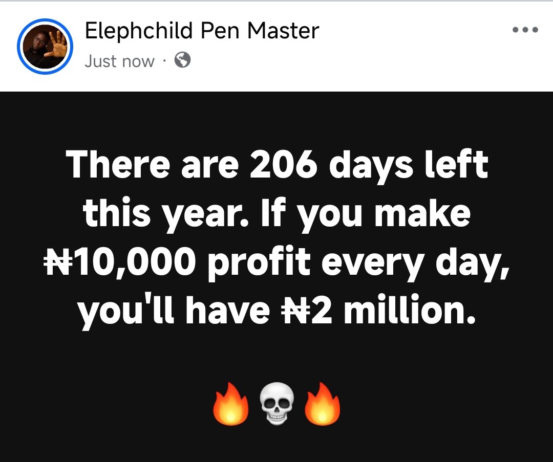 ElephchildCopy's tweet image. Here's what I'll make in the next 206 days: 

I also sell physical products, not ONLY digital ones. 

And my daily profit? Let’s say on bad days, it’s ₦95,000.

✅₦95,000 every day for 206 days means ₦19,570,000 profit.