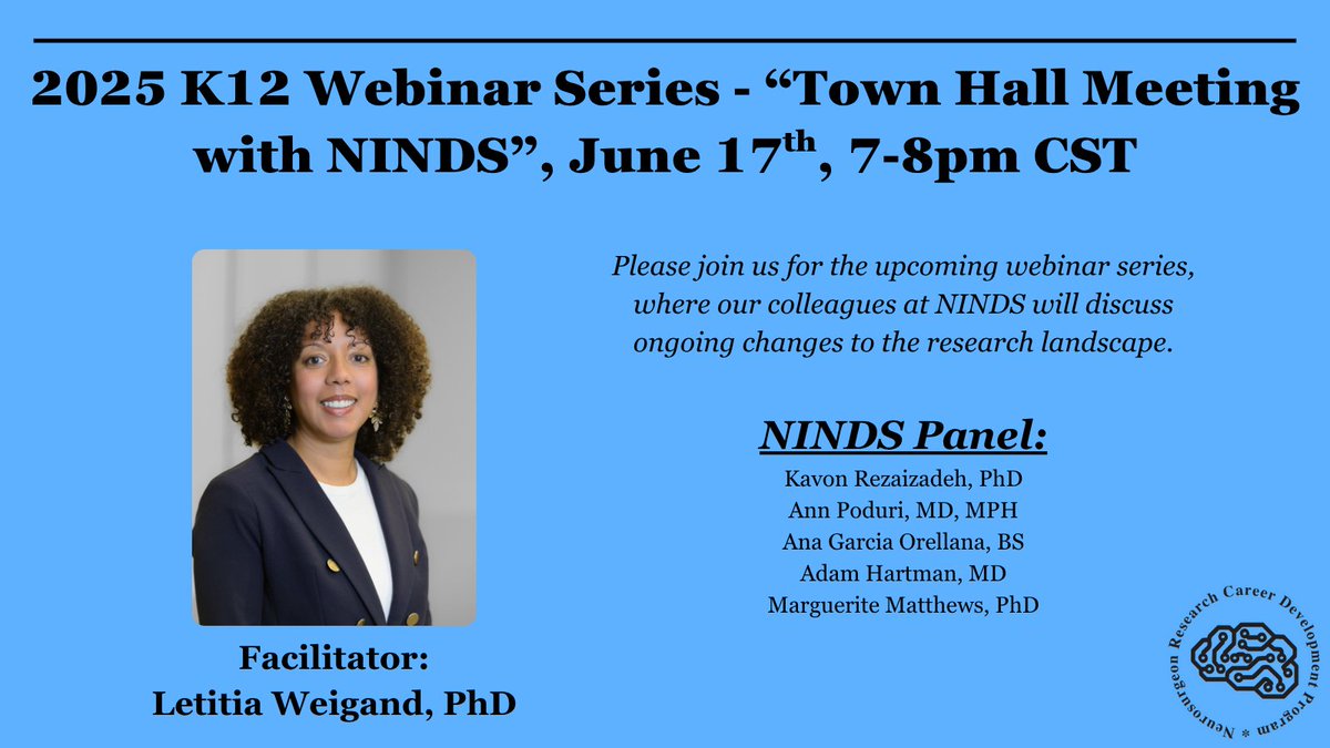 NRCDP_K12's tweet image. Please join us on Tuesday, 6/17 for the 2025 NRCDP Webinar Series 3! Dr. Letitia Weigand will host a “Town Hall Meeting with NINDS” to discuss ongoing changes to the research landscape.
Register now!
bit.ly/489Gmbk
#NRCDP #Research #NINDS