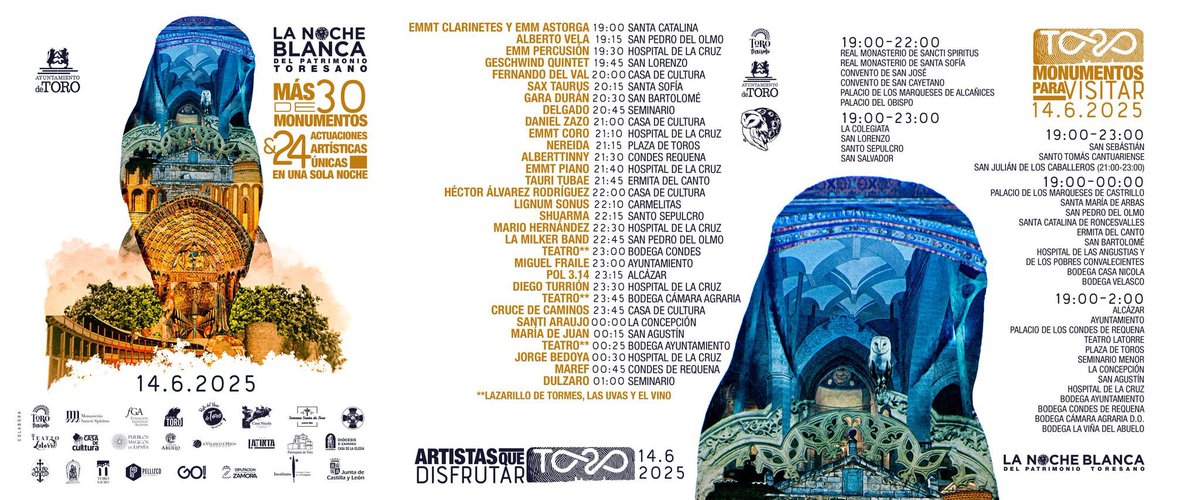 🎭 Toro se prepara para la NOCHE BLANCA DEL PATRIMONIO
📅 14 de junio | ⏰ 19:00–02:00
+30 espacios abiertos, +20 artistas, arte, música y emoción bajo la luna.
🕒 horarios y 📍 ubicaciones
#NocheBlancaToro #Toro2025 #PatrimonioVivo
