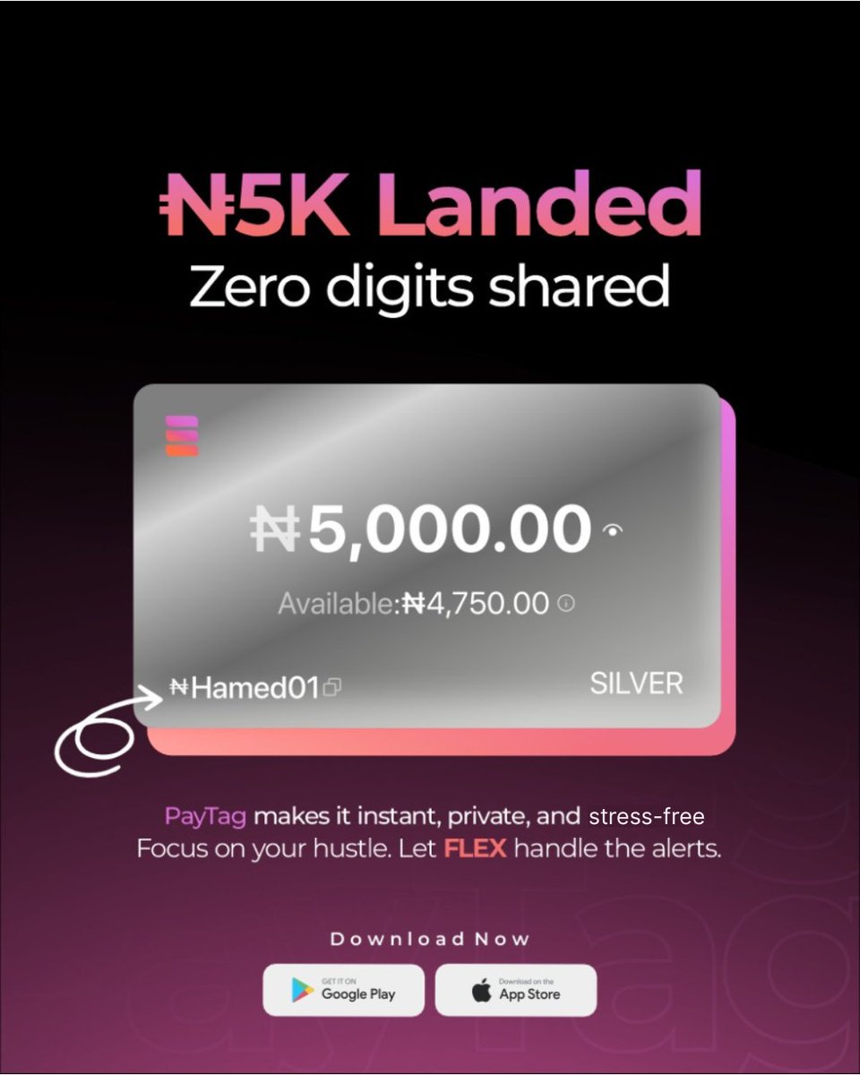 yourFLEXpay's tweet image. No need for long account numbers or delays. 
Just smooth, secure, and instant. 

Less wahala, more alert. 

That’s the FLEX way.

#FLEX #paytag #money #payments