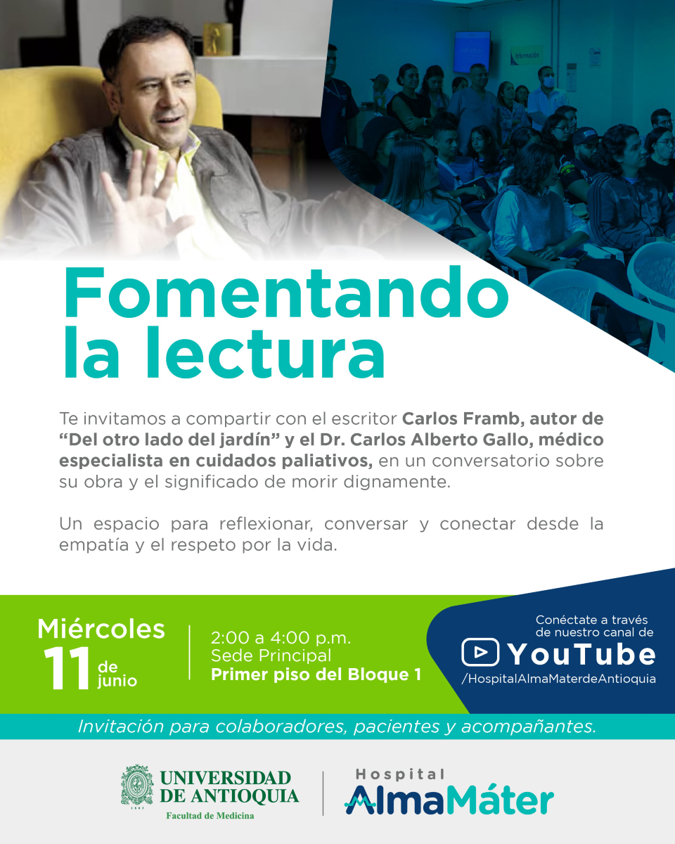 #Agenda El próximo miércoles te esperamos en un nuevo encuentro literario donde tendremos como invitado al escritor Carlos Framb, autor de “Del Otro Lado del Jardín”. Estará con nosotros la profesora Marcela Guiral, docente de @medicina_udea y nuestro especialista en cuidados