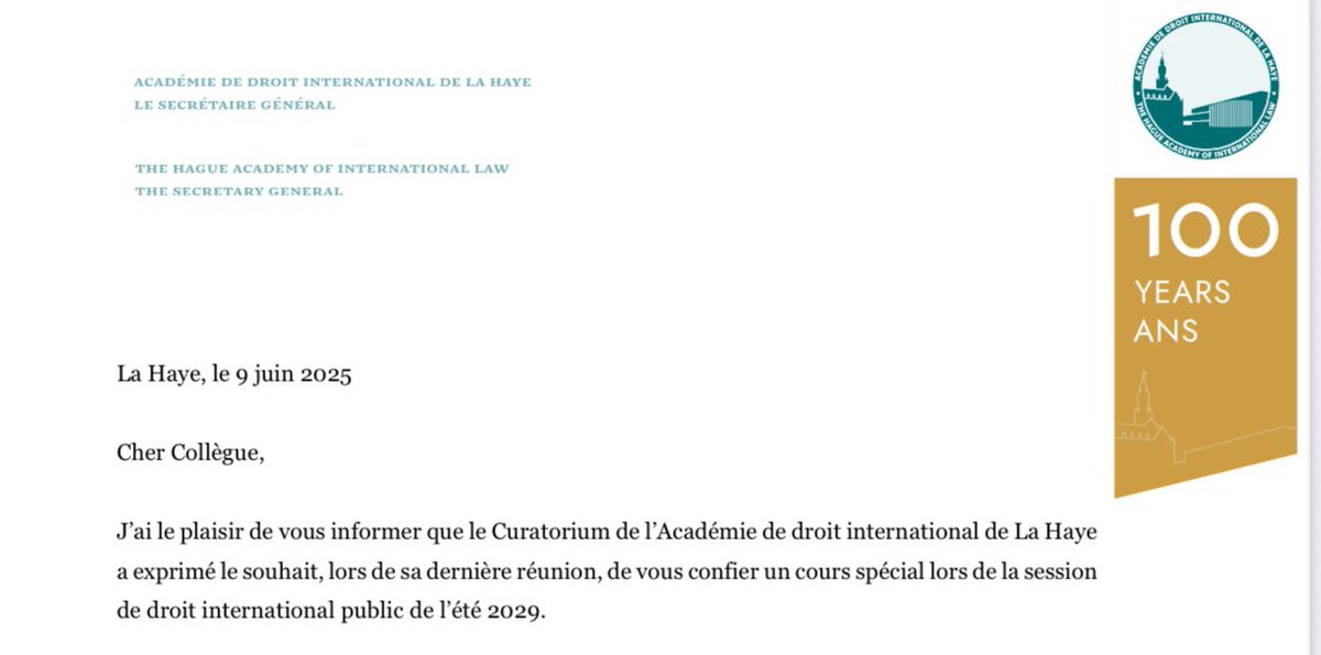 😊 Delighted and deeply honored to have been invited to teach a special course at the 2029 summer session of the The Hague Academy of International Law. I extend my sincere thanks to all the members of the Curatorium for this generous invitation.