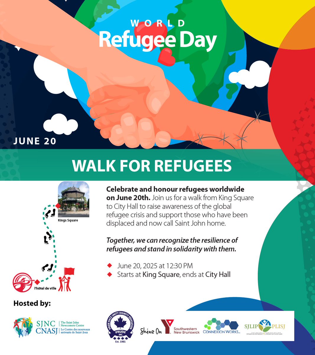 🌍 June 20 is World Refugee Day! Join us at 12:30 PM in King Square for a “Walk with Refugees” to City Hall. Let’s honor refugee resilience and celebrate their contributions in Saint John. Walk with us for awareness and inclusion! 💙🚶‍♂️ #WorldRefugeeDay