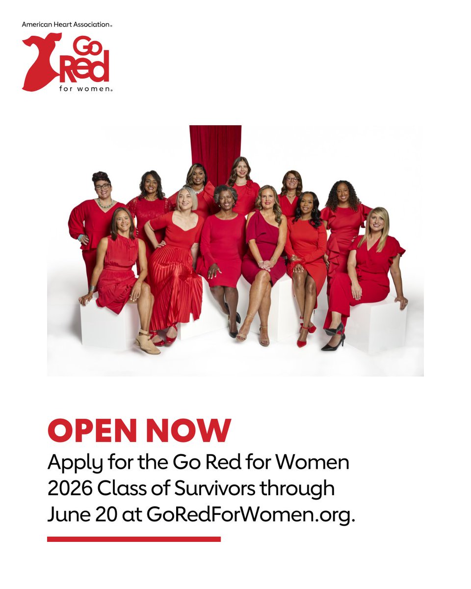 Tell your story. Save lives. That's the goal of our Go Red for Women Class of Survivors. Apply to be a part of our 2026 class through June 20. For complete information on applying and official rules, visit spr.ly/60154H30l❤️