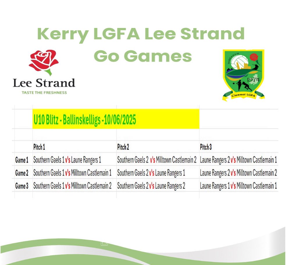 An exciting evening ahead as our U10s host a blitz in Ballinskelligs GAA this evening!
Kick-off at 6.30pm — with tea, coffee &amp; treats to follow 🍪☕