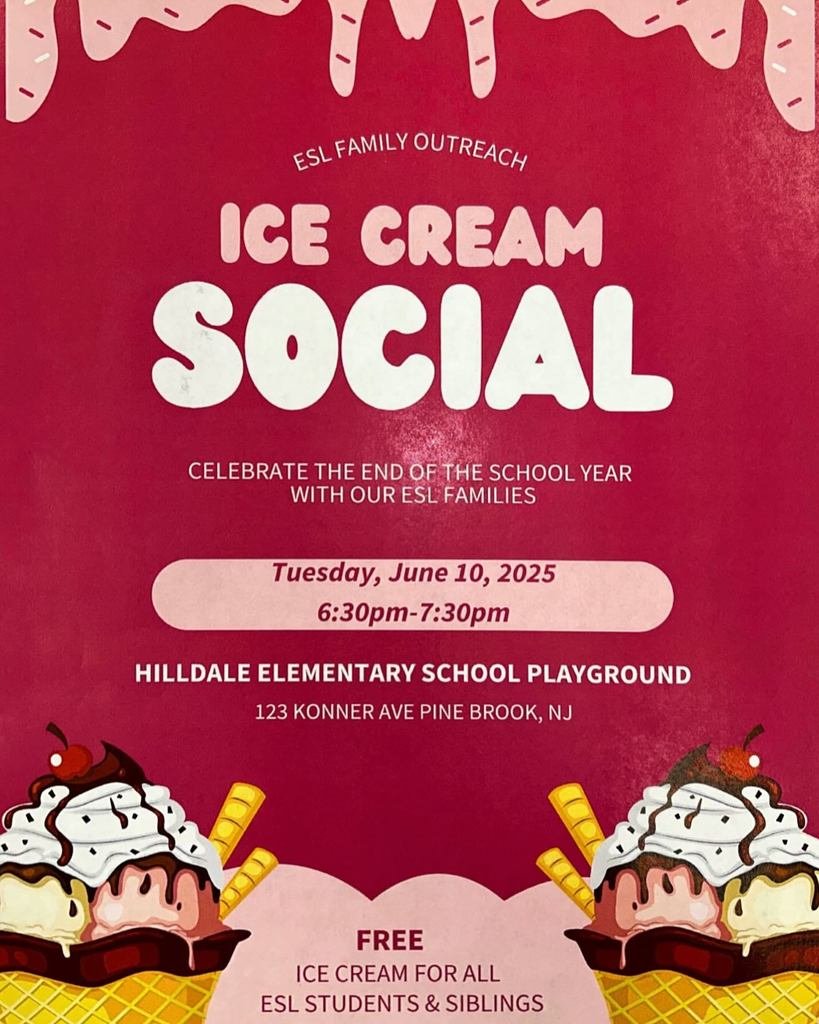 TONIGHT! Dear District ESL Families, Please join us for a FREE Ice Cream Social at #Hilldale! All current ESL students &amp; their families are invited - Tuesday June 10 from 6:30-7:30PM! Come celebrate another GREAT School year!  #eslfamilyoutreach! #EducateInspireEmpower!