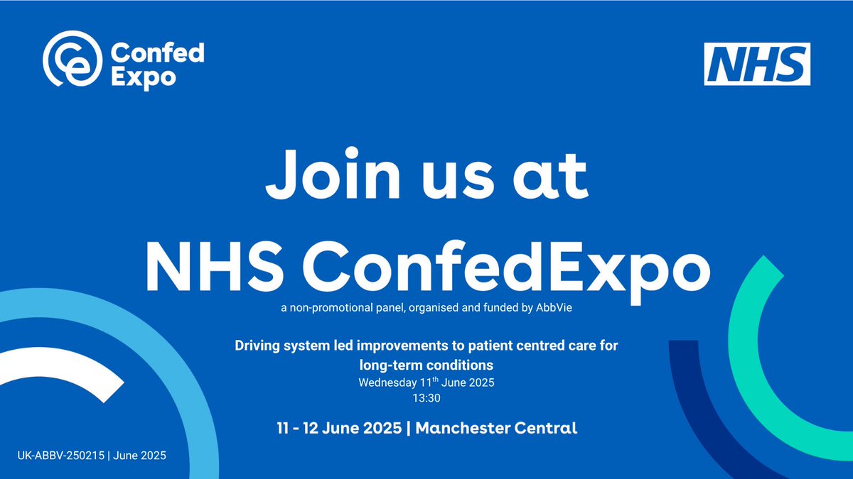 If you're attending #NHSConfedExpo 2025 and are interested in hearing more about patient centered care for long-term conditions - Join our AbbVie sponsored session.

Find out more about the speakers and session time on the NHS ConfedExpo website:
bit.ly/4jN0SnJ