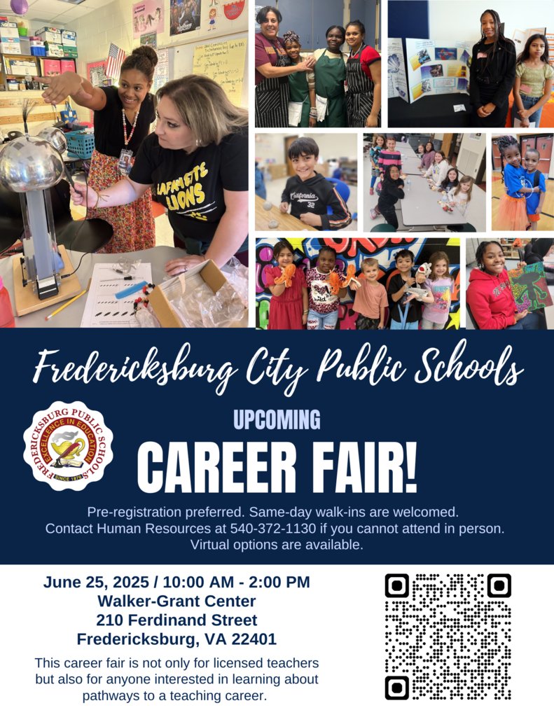 ✨UPCOMING CAREER FAIR! ✨

Preregistration is preferred; however, walk-ins are also welcome. 

📆Date: June 25
⏰Time: 10 AM – 2 PM
🚩Location: FCPS Central Office, 210 Ferdinand Street, Fredericksburg, VA 22401

Registration link: fxbgschools.us/page/human-res…
