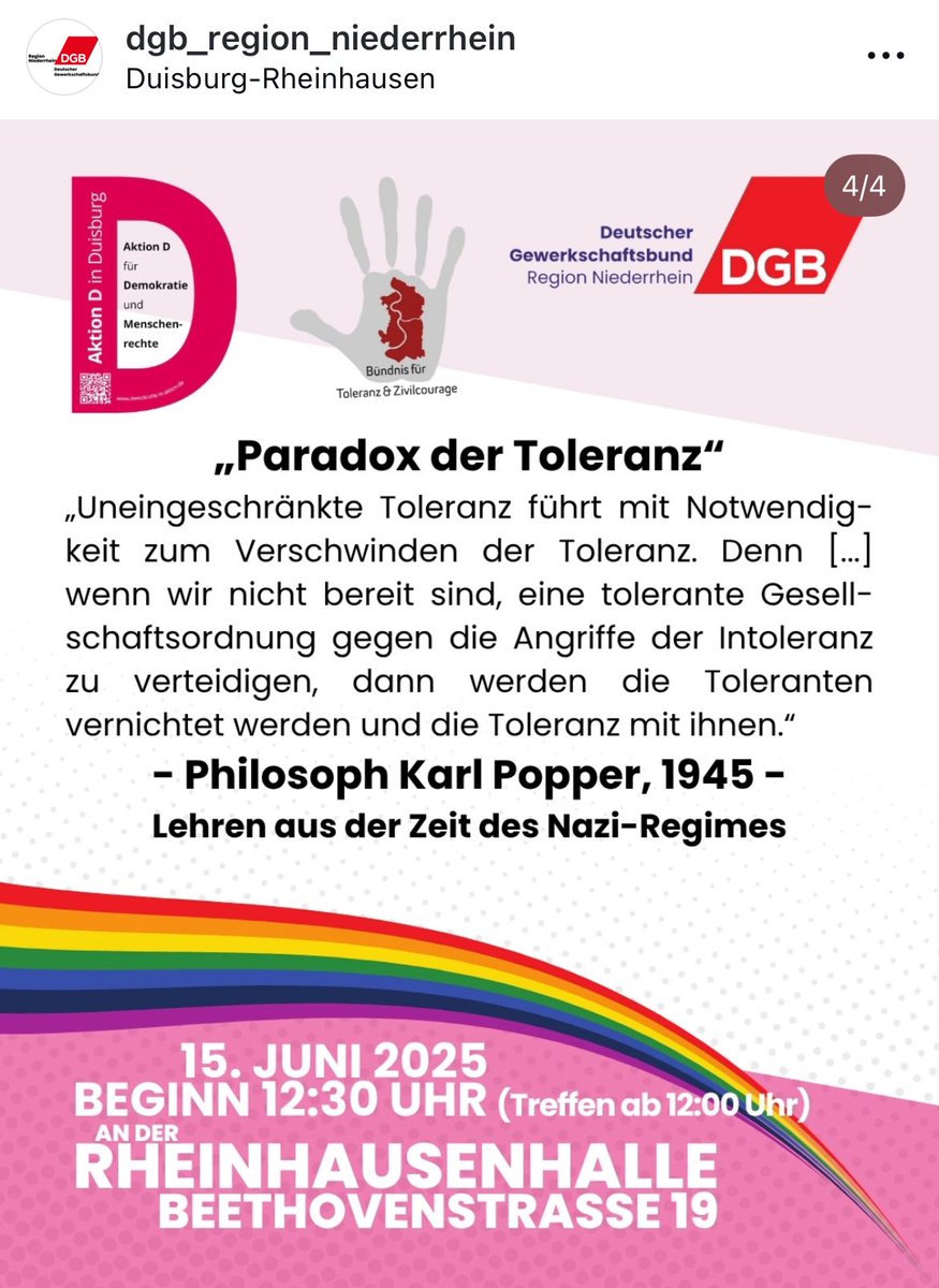Wir als DGB Stadtverband Duisburg sowie weiteren Organisationen rufen auf zu Kunst und Kultur, Klassenkampf für Toleranz und ein friedliches, gerechtes und solidarisches Miteinander!  #Demokratie #DGB #dgbnrw #IGBAU