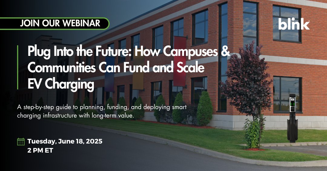 New webinar: Join Blink on June 18  for a practical webinar on funding, planning, and deploying EV charging at scale across campuses and agencies.  
🔗 Register:  ow.ly/YZVP50W2RtM
 
#FreeWebinar #EVCharging #ESG #FacilitiesManagement  #BlinkCharging