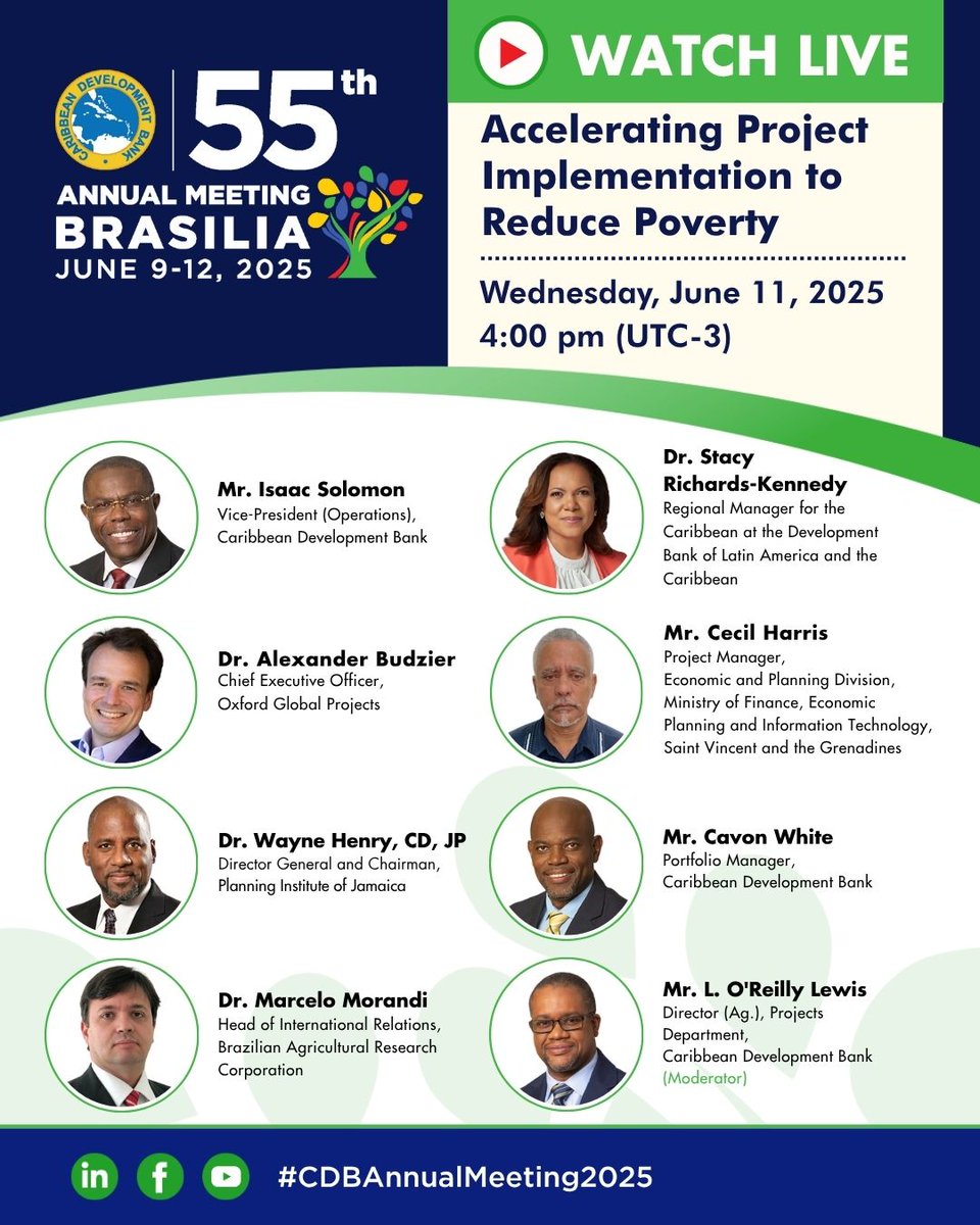 🚨 Happening Tomorrow!

CDB’s seminar “Accelerating Project Implementation to Reduce Poverty” is live on June 11 at 4 PM (UTC-3) — and you won’t want to miss it.

📺 Watch live here 👉ow.ly/ix8S50VYPWx

#CDBAnnualMeeting2025 #CaribbeanDevelopment