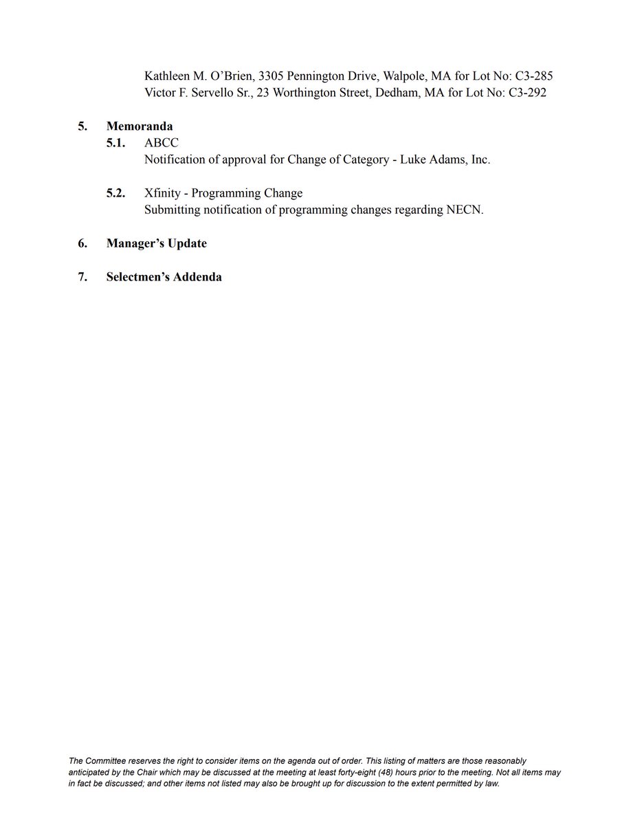 Here is tonight's Board of Selectmen agenda. Tune in LIVE at 6:30 on the NCM Government Channel.
Stream here:
reflect-npa.cablecast.tv/cablecastapi/l…