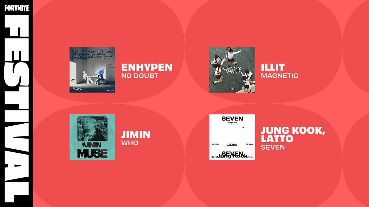 Fortnite Festival News!

This Week's Jam Tracks:
- No Doubt by Enhypen
- Magnetic by Illit
- Who by Jimin
- Seven by Jung Kook &amp; Latto

All of these release tonight and are part of the previously leaked quest set!