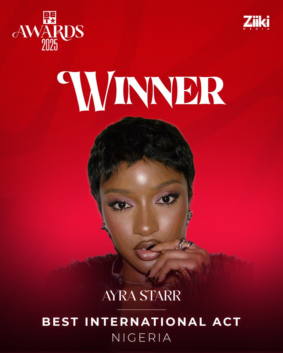 Mziiki (@mziiki) on Twitter photo Congratulations to Sabi girl, <a href="/ayrastarr/">Celestial being</a> on scopping the BEST INTERNATIONAL ACT Award at the #BETAwards2025 🏆
Her win in the international category signals growing global recognition for her sound & rise in the music industry 👏 😎
Stay winning Queen 👸
#BETAwards #BET Congratulations to Sabi girl, <a href="/ayrastarr/">Celestial being</a> on scopping the BEST INTERNATIONAL ACT Award at the #BETAwards2025 🏆
Her win in the international category signals growing global recognition for her sound & rise in the music industry 👏 😎
Stay winning Queen 👸
#BETAwards #BET