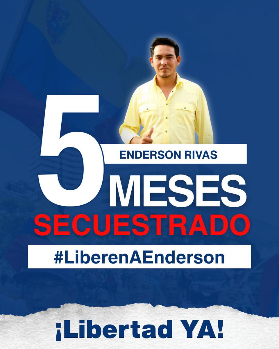 Hoy se cumplen cinco meses del secuestro de Enderson Rivas, dirigente de Voluntad Popular en Yaracuy.

Fue detenido arbitrariamente por el CONAS y estuvo 16 días desaparecido antes de que su familia pudiera verlo.

No ha cometido ningún delito. Su único “crimen” es luchar por una