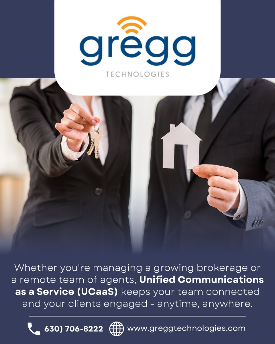 GreggTech's tweet image. Whether you&apos;re running a growing brokerage or managing remote agents, UCaaS keeps your team connected and clients engaged—anytime, anywhere.

Learn more: greggtechnologies.com

#RealEstate #PropTech #UCaaS #RealEstateTechnology #RemoteWork