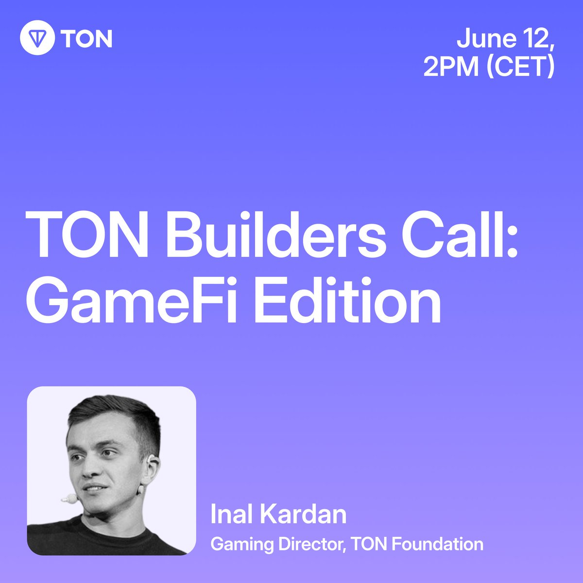 TON 💎 (@ton_blockchain) on Twitter photo 🎮 TON Builders Call: GameFi Edition is LIVE this Thursday!
🗓️ June 12 | ⏰ 2PM CEST / 4PM GST / 8PM HKT
🎙️ With <a href="/ikardanoff/">Inal Kardan</a>, Gaming Director @ TON Foundation
Get ready for:
⚡ Latest GameFi updates
🎯 TON gaming ecosystem deep dive
🧠 Live Q&A with builders & devs
🛠️ 🎮 TON Builders Call: GameFi Edition is LIVE this Thursday!
🗓️ June 12 | ⏰ 2PM CEST / 4PM GST / 8PM HKT
🎙️ With <a href="/ikardanoff/">Inal Kardan</a>, Gaming Director @ TON Foundation
Get ready for:
⚡ Latest GameFi updates
🎯 TON gaming ecosystem deep dive
🧠 Live Q&A with builders & devs
🛠️