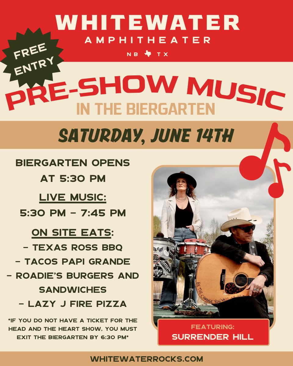 WhitewaterRocks's tweet image. 🍺 Come early, stay late! Enjoy live tunes with @Surrender_Hill and tasty treats in the Biergarten before the show kicks off this Saturday🎶
⌚Biergarten opens at 5:30 PM
#BiergartenVibes #preshow #livemusic