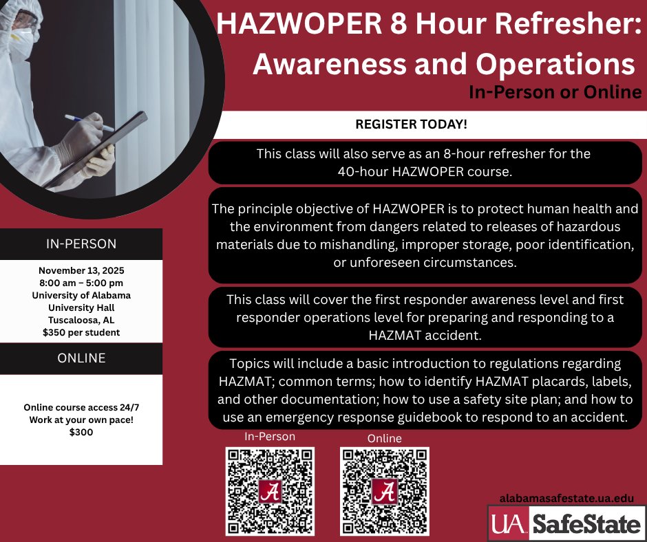 Join UA Safe State for this HAZWOPER Refresher course, in-person or online!

In-Person: November 13, 2025 8:00 am -- 5:00 pm
Online 24/7 Access!

Scan the QR code to register!

#alabamasafestate#OSHA#healthandsafety