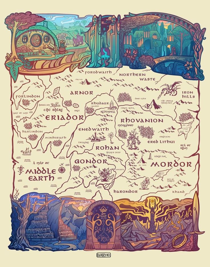 Espectacular mapa de La Tierra Media que fusiona arte y geografía tolkieniana, pensado para viajar visualmente a través de las leyendas de Eriador, Rohan o Mordor de un solo vistazo 😍