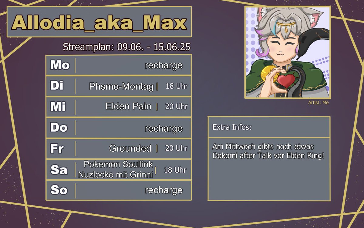〜☆ Streamplan ☆〜

~ Di: Phasmo-Montag
~ Mi: leiden
~ Fr: Käfer jagen mit <a href="/Schtievaehn/">Schtievaehn</a> 
~ Sa: Pokémon Soullink mit <a href="/Grinnis_world/">Grinni</a> 

Am Mittwoch vor Elden Ring rede ich auch noch etwas über Dokomi :3

#GERVtuber