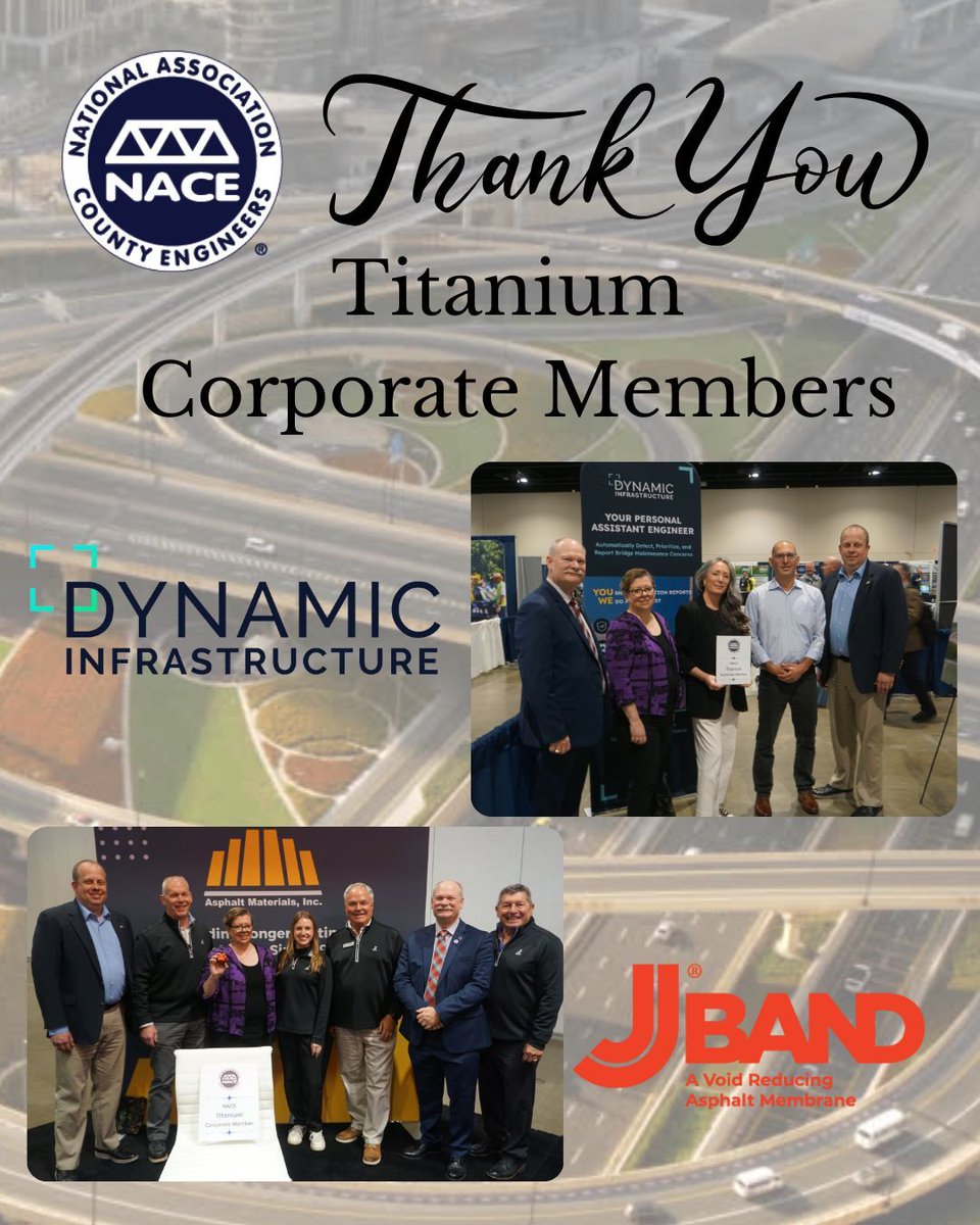 NACE is grateful for our all of our corporate members.  Today, we'd like to thank our Titanium members - Dynamic Infrastructure and JBand for their continued support of the organization and providing products and services that support our members and help keep our roads, bridges,