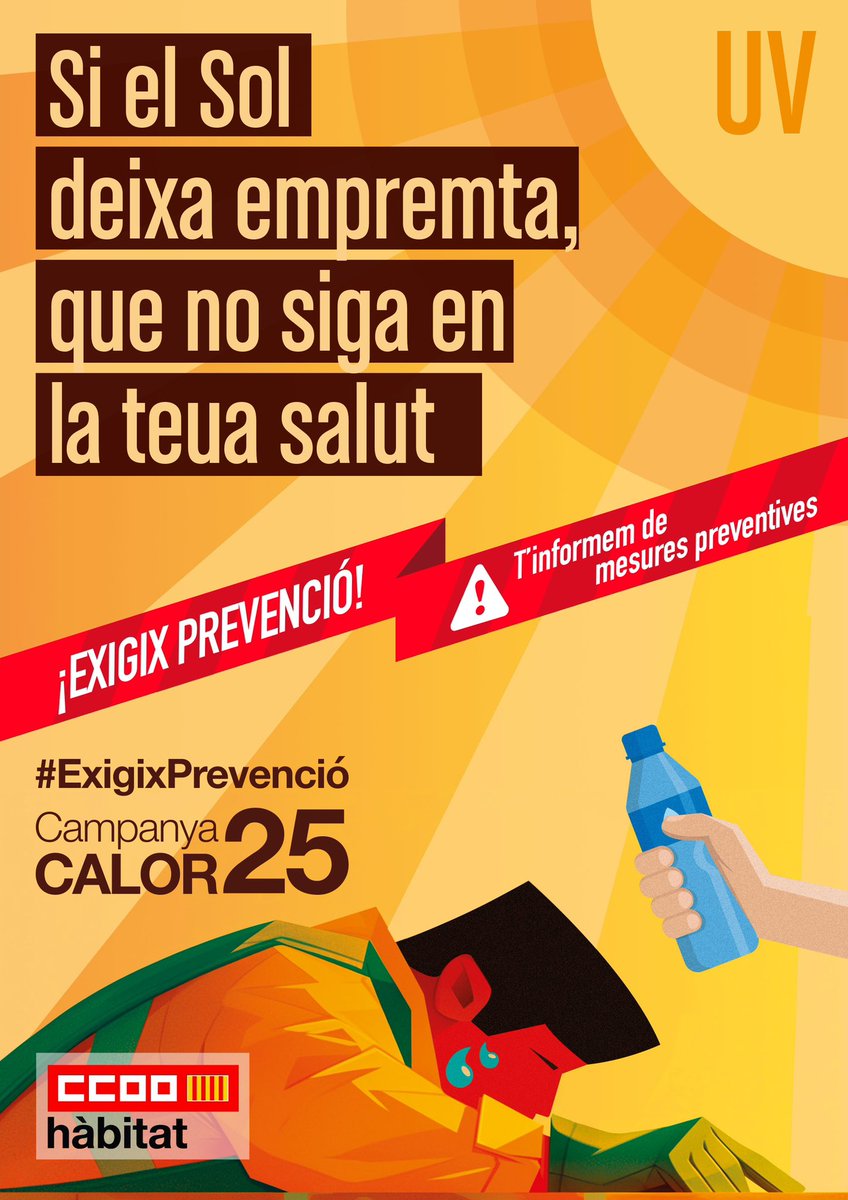 ☀️ Campanya CALOR 25
💧 #ExigixPrevenció

🛑 Si el sol deixa empremta, que no siga en la teua salut.

Amb la calor extrema, exigim prevenció i protecció real per a qui treballa exposat. La salut laboral no pot esperar. 👇