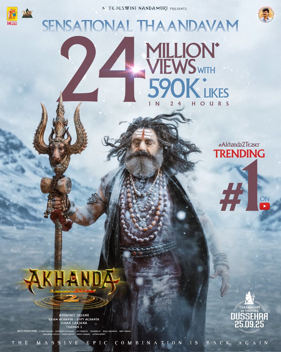 The THAANDAVAM causes tremors all over with sensational response 🔱 💥💥

#Akhanda2Teaser TRENDING #1 on YouTube with 24 MILLION+ VIEWS &amp; 590K+ LIKES in 24 HOURS ❤‍🔥
▶️ bit.ly/Akhanda2Teaser

Happy birthday to the 'GOD OF MASSES' #NandamuriBalakrishna ✨

#Akhanda2 THANDAAVAM