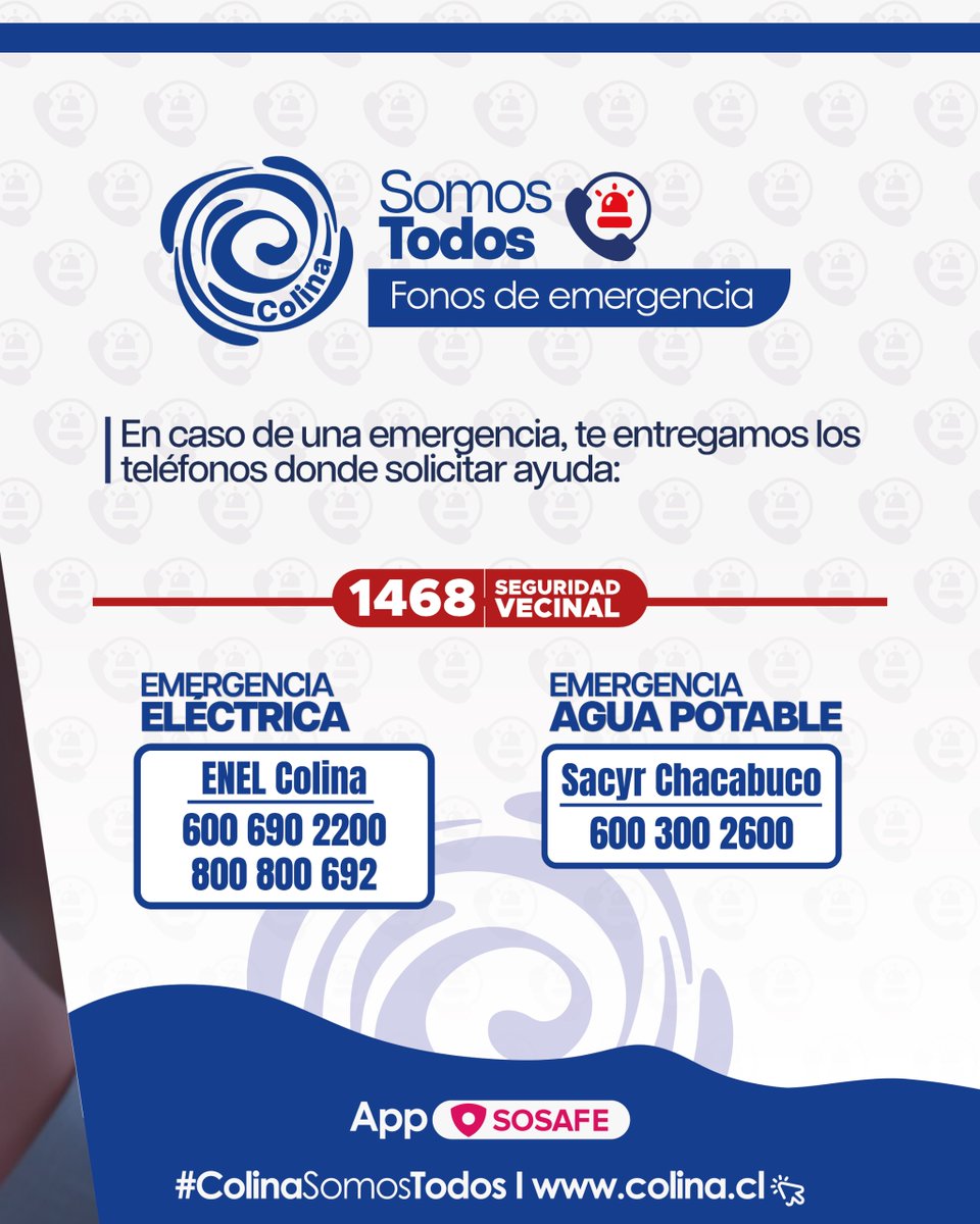 Municipalidad Colina (@municolina) on Twitter photo โ ๏ธ๐ท ๐ก๐จฬ๐ ๐๐ฅ๐ข๐ฆ ๐ง๐๐๐๐๐ขฬ๐ก๐๐๐ข๐ฆ ๐๐ ๐๐ ๐๐ฅ๐๐๐ก๐๐๐ ๐๐ข๐ ๐จ๐ก๐๐
En caso de una emergencia, recordamos a la comunidad que en Colina estรก disponible el nรบmero de discado rรกpido 1468, de la direcciรณn de Seguridad Pรบblica Comunal.
Ademรกs, compartimos los โ ๏ธ๐ท ๐ก๐จฬ๐ ๐๐ฅ๐ข๐ฆ ๐ง๐๐๐๐๐ขฬ๐ก๐๐๐ข๐ฆ ๐๐ ๐๐ ๐๐ฅ๐๐๐ก๐๐๐ ๐๐ข๐ ๐จ๐ก๐๐
En caso de una emergencia, recordamos a la comunidad que en Colina estรก disponible el nรบmero de discado rรกpido 1468, de la direcciรณn de Seguridad Pรบblica Comunal.
Ademรกs, compartimos los