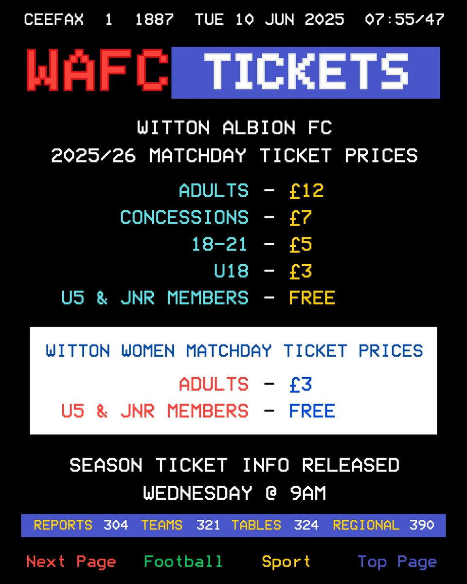 🎟️ WAFC TICKET NEWS — 2025/26 🎟️

We’re keeping prices low so everyone can back the Albion! 🔴⚪

💥 Matchday ticket prices FROZEN for another season
💥 NEW Witton Albion Women's matchday tickets: just £3 for adults
💥 U5s &amp; Junior Members go FREE to all matches