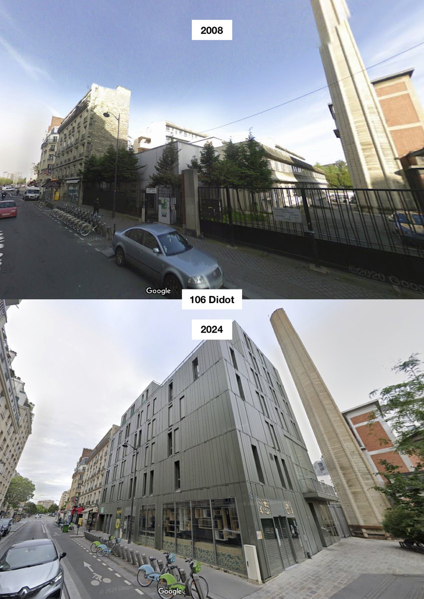 Enlaidissement et densification du quartier de Plaisance, Paris 14ᵉ :

➡️2012, démolition totale d’un ensemble de bâtiments bas.

➡️2016, construction de 97 logements étudiants et d’un commerce par l’agence Germak Architecture au profit de la RIVP.

#saccageparis