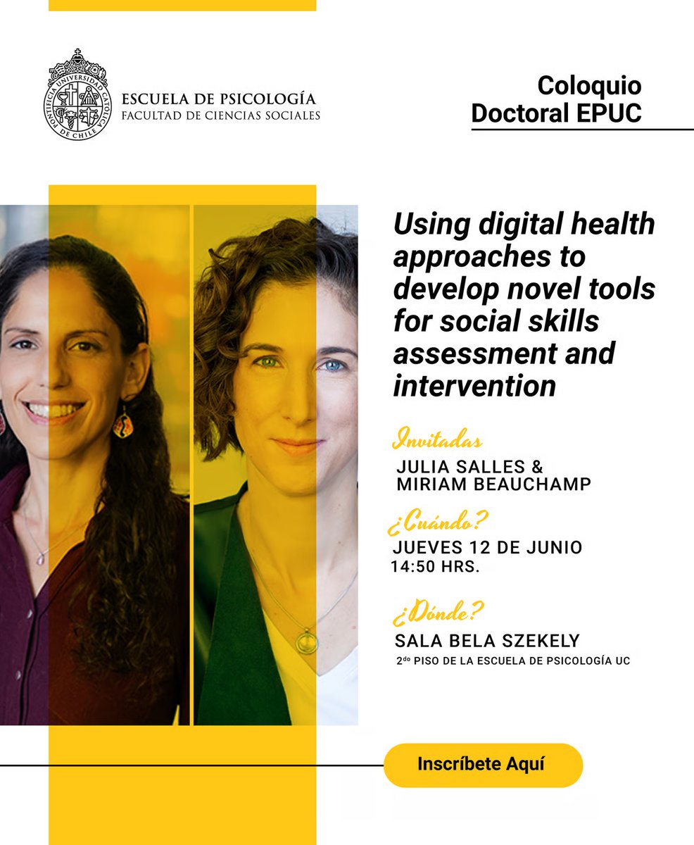 Psicología UC (@psicologia_uc) on Twitter photo ¡Iniciamos los #ColoquiosDoctoralesEPUC 2025! 🤩
"Using digital health approaches to develop novel tools for social skills assessment and intervention", con Julia Salles y Miriam Beauchamp de la <a href="/UdeM_intl/">UdeM international</a>, dará el puntapié inicial al tradicional ciclo.
👉forms.gle/rfqkKC9rjeA6g5… ¡Iniciamos los #ColoquiosDoctoralesEPUC 2025! 🤩
"Using digital health approaches to develop novel tools for social skills assessment and intervention", con Julia Salles y Miriam Beauchamp de la <a href="/UdeM_intl/">UdeM international</a>, dará el puntapié inicial al tradicional ciclo.
👉forms.gle/rfqkKC9rjeA6g5…