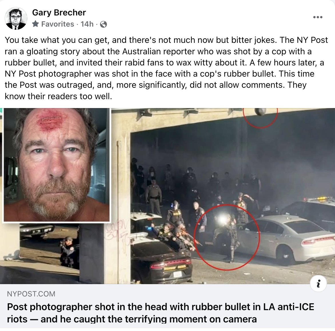 You take what you can get, and there's not much now but bitter jokes. The NY Post ran a gloating story about the Australian reporter who was shot by a cop with a rubber bullet, and invited their rabid fans to wax witty about it. A few hours later...
nypost.com/2025/06/09/us-…