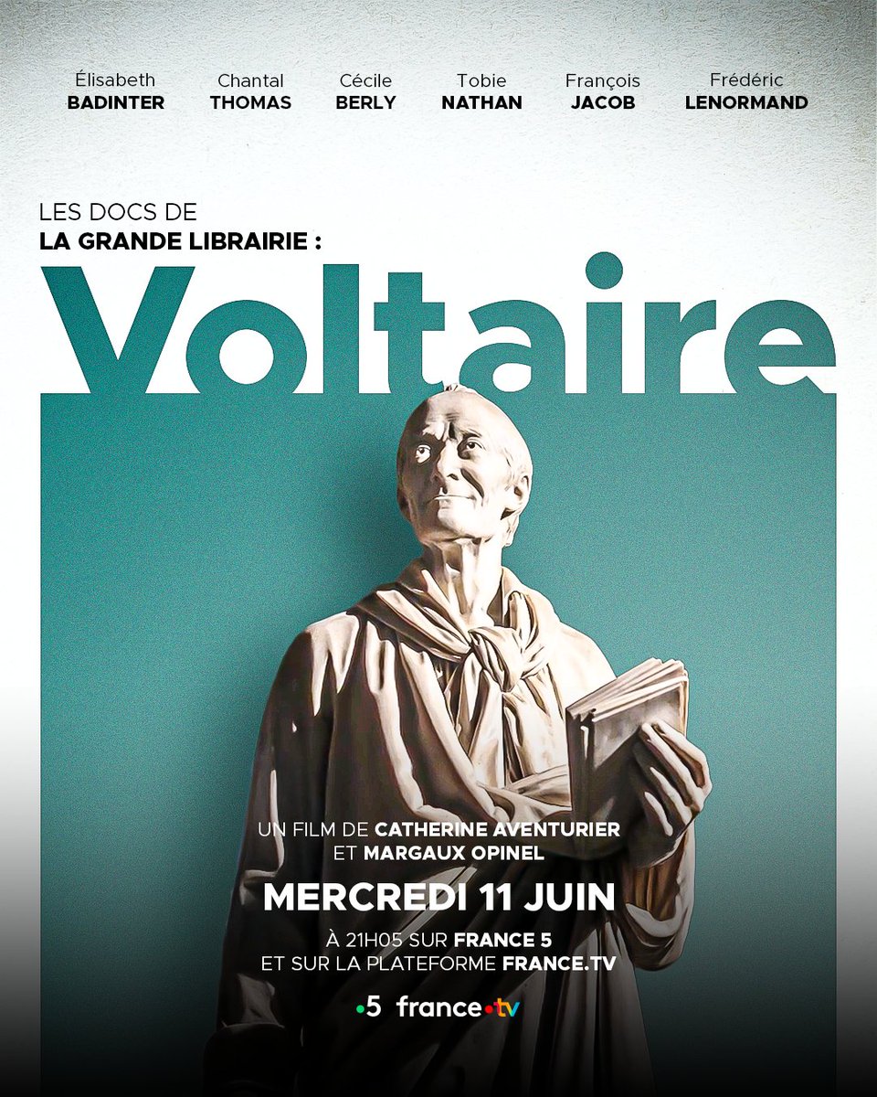 👉Cette semaine, un nouvel épisode de docs de La Grande Librairie consacré à celui qui incarne l'esprit des Lumières : Voltaire !
📺Un film de Catherine Aventurier et Margaux Opinel, mercredi 11 juin à 21h05 sur France 5 et sur la plateforme <a href="/FranceTV/">France tv</a>