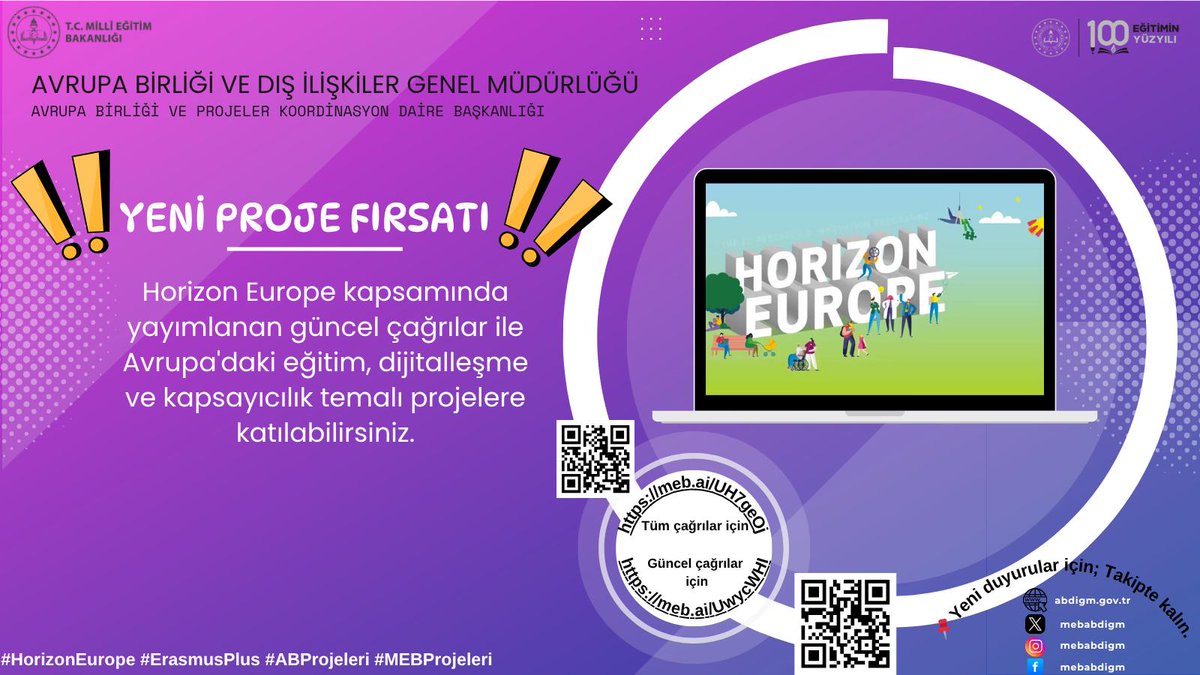 T.C. MEB AB ve Dış İlişkiler Genel Müdürlüğü (@mebabdigm) on Twitter photo 🔍 Yeni Proje Fırsatı!
Horizon Europe kapsamında yayımlanan güncel çağrılar ile Avrupa'daki eğitim, dijitalleşme ve kapsayıcılık temalı projelere katılabilirsiniz.
Tüm Çağrılar İçin: meb.ai/UH7geOj
Güncel Çağrılar İçin meb.ai/UwycWHI
<a href="/Yusuf__Tekin/">Yusuf Tekin</a> <a href="/tcmeb/">Millî Eğitim Bakanlığı</a> 🔍 Yeni Proje Fırsatı!
Horizon Europe kapsamında yayımlanan güncel çağrılar ile Avrupa'daki eğitim, dijitalleşme ve kapsayıcılık temalı projelere katılabilirsiniz.
Tüm Çağrılar İçin: meb.ai/UH7geOj
Güncel Çağrılar İçin meb.ai/UwycWHI
<a href="/Yusuf__Tekin/">Yusuf Tekin</a> <a href="/tcmeb/">Millî Eğitim Bakanlığı</a>