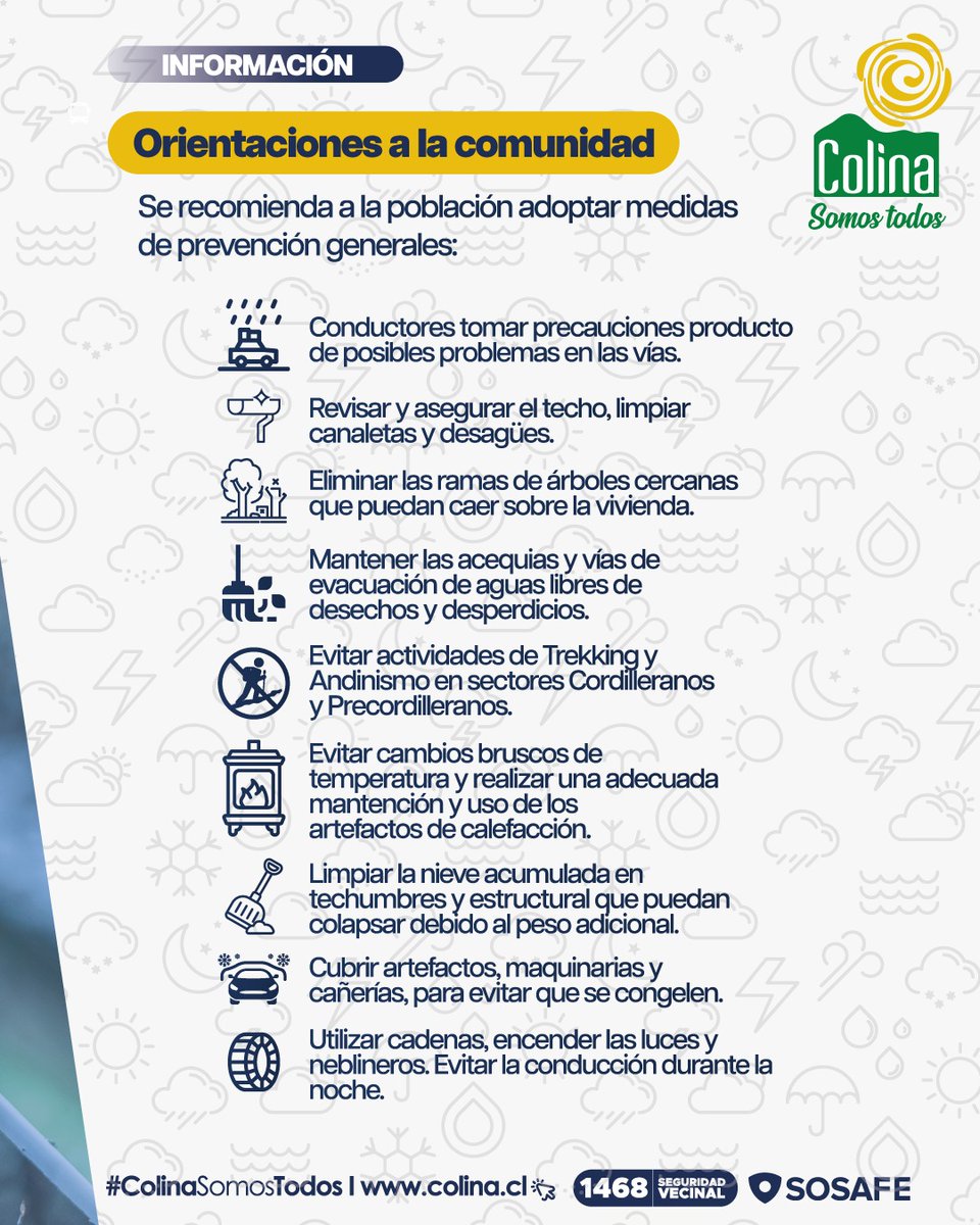 Municipalidad Colina (@municolina) on Twitter photo ๐ง๏ธ ๐ข๐ฅ๐๐๐ก๐ง๐๐๐๐ข๐ก๐๐ฆ ๐ฃ๐ข๐ฅ ๐๐๐๐ฅ๐ง๐ ๐ง๐๐ ๐ฃ๐ฅ๐๐ก๐ ๐ฃ๐ฅ๐๐ฉ๐๐ก๐ง๐๐ฉ๐
Ante la alerta presentada por el frente de precipitaciones que se desarrollarรก esta semana en la comuna, la municipalidad ha estado realizando una serie de trabajos preventivos para evitar ๐ง๏ธ ๐ข๐ฅ๐๐๐ก๐ง๐๐๐๐ข๐ก๐๐ฆ ๐ฃ๐ข๐ฅ ๐๐๐๐ฅ๐ง๐ ๐ง๐๐ ๐ฃ๐ฅ๐๐ก๐ ๐ฃ๐ฅ๐๐ฉ๐๐ก๐ง๐๐ฉ๐
Ante la alerta presentada por el frente de precipitaciones que se desarrollarรก esta semana en la comuna, la municipalidad ha estado realizando una serie de trabajos preventivos para evitar