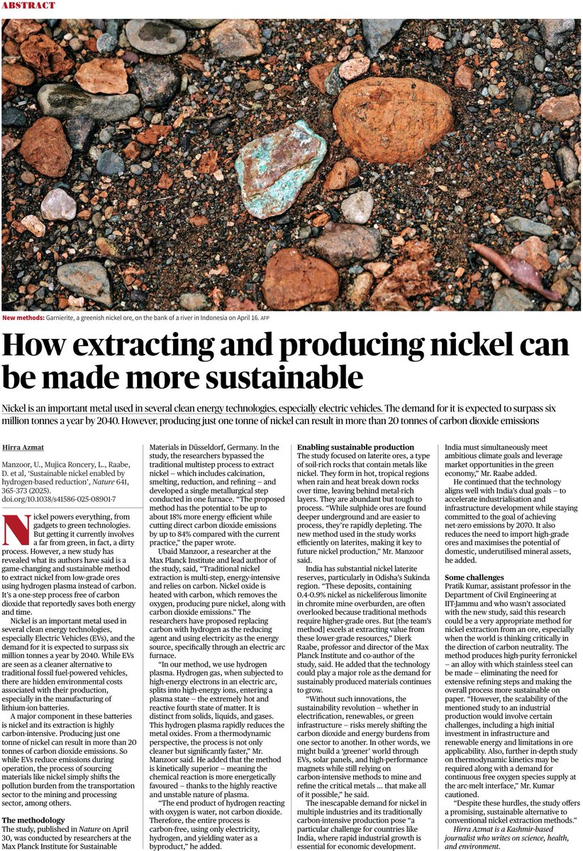 Hirra Azmat (@azmathirra) on Twitter photo A new study reveals a sustainable method using hydrogen plasma instead of carbon to extract nickel from low-grade ores—saving time, energy, and eliminating CO₂, my latest for <a href="/the_hindu/">The Hindu</a>
<a href="/dierkraabe/">D Raabe</a> <a href="/MPISusMat/">Max Planck Institute for Sustainable Materials</a> <a href="/jkscientists/">JK Scientists</a> A new study reveals a sustainable method using hydrogen plasma instead of carbon to extract nickel from low-grade ores—saving time, energy, and eliminating CO₂, my latest for <a href="/the_hindu/">The Hindu</a>
<a href="/dierkraabe/">D Raabe</a> <a href="/MPISusMat/">Max Planck Institute for Sustainable Materials</a> <a href="/jkscientists/">JK Scientists</a>