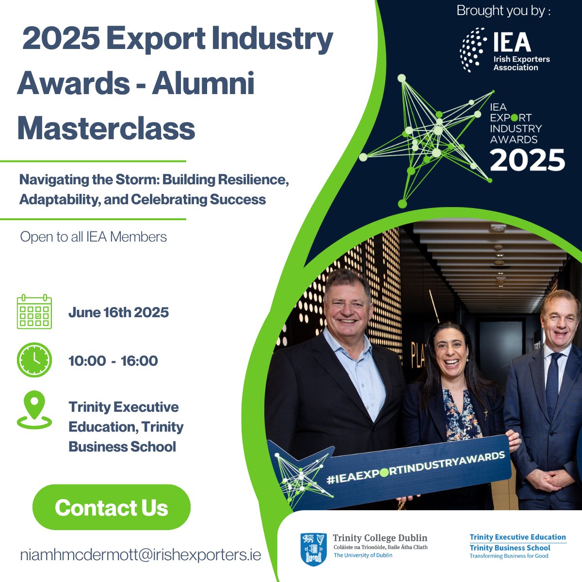 Irish Exporters (@irishexporters) on Twitter photo #2025ExportIndustryAwards ALUMNI MASTERCLASS
🤝Networking
🔎 Geopolitical Panel
🧠 Adaptive strategy
💼 Leadership transformation
📍 Trinity Business School, Dublin
🗓️ Monday, 16th June 2025 | ⏰ 09:30 - 16:00
🎫 Eventbrite
hubs.la/Q03rsmwL0
<a href="/tcddublin/">Trinity College Dublin</a> <a href="/TCDBusiness/">Trinity Business School</a> #2025ExportIndustryAwards ALUMNI MASTERCLASS
🤝Networking
🔎 Geopolitical Panel
🧠 Adaptive strategy
💼 Leadership transformation
📍 Trinity Business School, Dublin
🗓️ Monday, 16th June 2025 | ⏰ 09:30 - 16:00
🎫 Eventbrite
hubs.la/Q03rsmwL0
<a href="/tcddublin/">Trinity College Dublin</a> <a href="/TCDBusiness/">Trinity Business School</a>