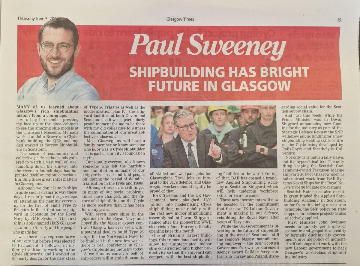 Paul Sweeney (@pauljsweeney) on Twitter photo The triumphant launch of HMS Glasgow - the first of eight Type 26 frigates built on the Clyde - shows that shipbuilding is here to stay.
While the Labour government backs Clyde shipbuilding, the SNP is sending contracts to Poland & Turkey.
My column in the <a href="/Glasgow_Times/">Glasgow Times</a> 👇 The triumphant launch of HMS Glasgow - the first of eight Type 26 frigates built on the Clyde - shows that shipbuilding is here to stay.
While the Labour government backs Clyde shipbuilding, the SNP is sending contracts to Poland & Turkey.
My column in the <a href="/Glasgow_Times/">Glasgow Times</a> 👇