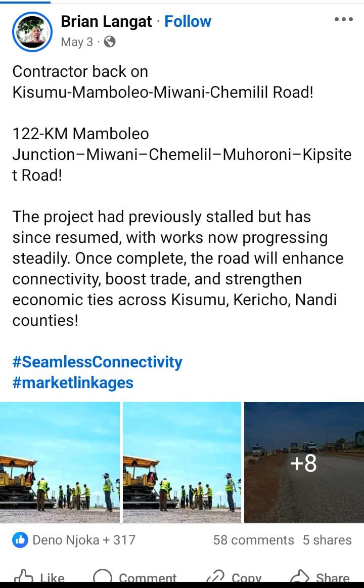 Bristol_254's tweet image. Great news! The contractor for the Kisumu-Mamboleo-Miwani-Chemilil Road is back on site. Construction works have resumed, and the 122km road will significantly improve connectivity and trade between Kisumu, Kericho, and Nandi counties. #WantamRoadProjects
