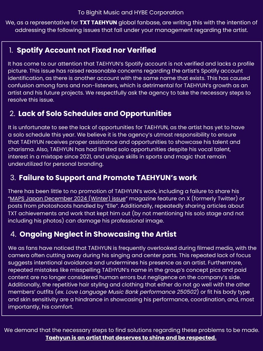 taehyun has continuously given his all as an idol since debut — his vocals, stage presence, hard work, and professionalism are unmatched. yet over the years, bighit has repeatedly failed to recognise and properly support his efforts. from mismanaging his spotify profile, lack of