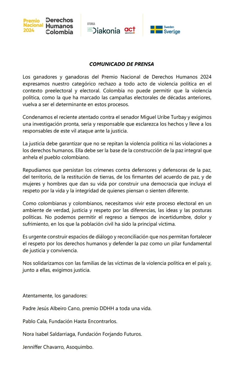 Fundación Forjando Futuros (@forjandofuturos) on Twitter photo Las ganadoras y ganadores del <a href="/PremioNalDDHH/">Premio Nacional de Derechos Humanos Colombia</a> 2024 rechazamos con firmeza el atentado contra Miguel Uribe Turbay. La violencia política no puede volver a marcar el rumbo de Colombia. Exigimos justicia, verdad y garantías para una democracia donde las diferencias no pongan en Las ganadoras y ganadores del <a href="/PremioNalDDHH/">Premio Nacional de Derechos Humanos Colombia</a> 2024 rechazamos con firmeza el atentado contra Miguel Uribe Turbay. La violencia política no puede volver a marcar el rumbo de Colombia. Exigimos justicia, verdad y garantías para una democracia donde las diferencias no pongan en