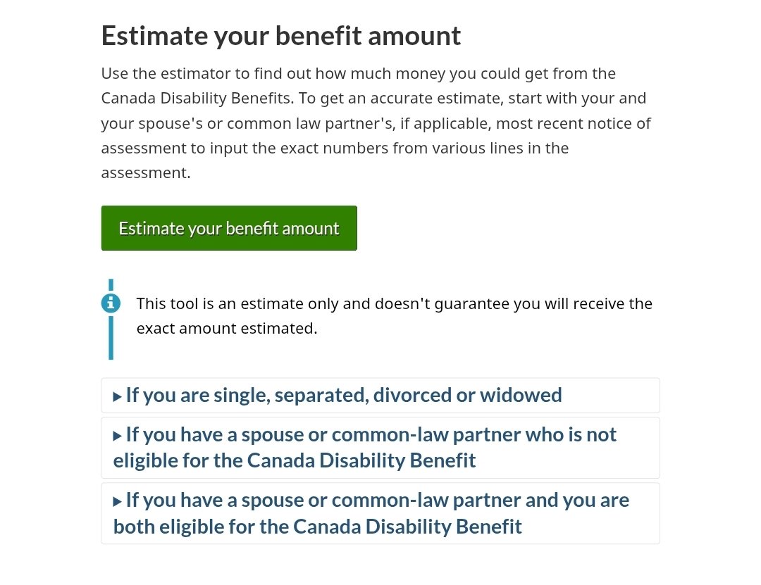 Sarah_Colero's tweet image. It&apos;s June 10th: No news on the Canada Disability Benefit application. We are still left hanging.

However, I did notice this new tool they have on the official page to estimate the amount you will get.

(As it&apos;s not a flat $200, but &quot;up to&quot; $200/month)

canada.ca/en/services/be…